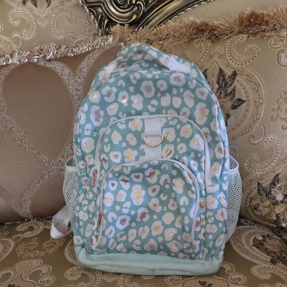 Pottery Barn Teen Aqua Gold Metallic Leopard Backpack - Picture 1 of 9